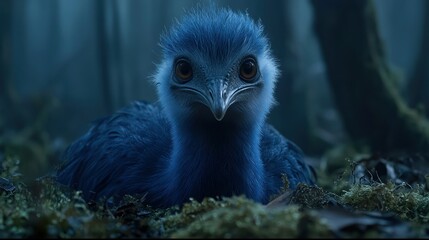 Fototapeta premium Close-up of a small, blue bird-like creature, eyes wide with a focused gaze, in a mossy forest environment