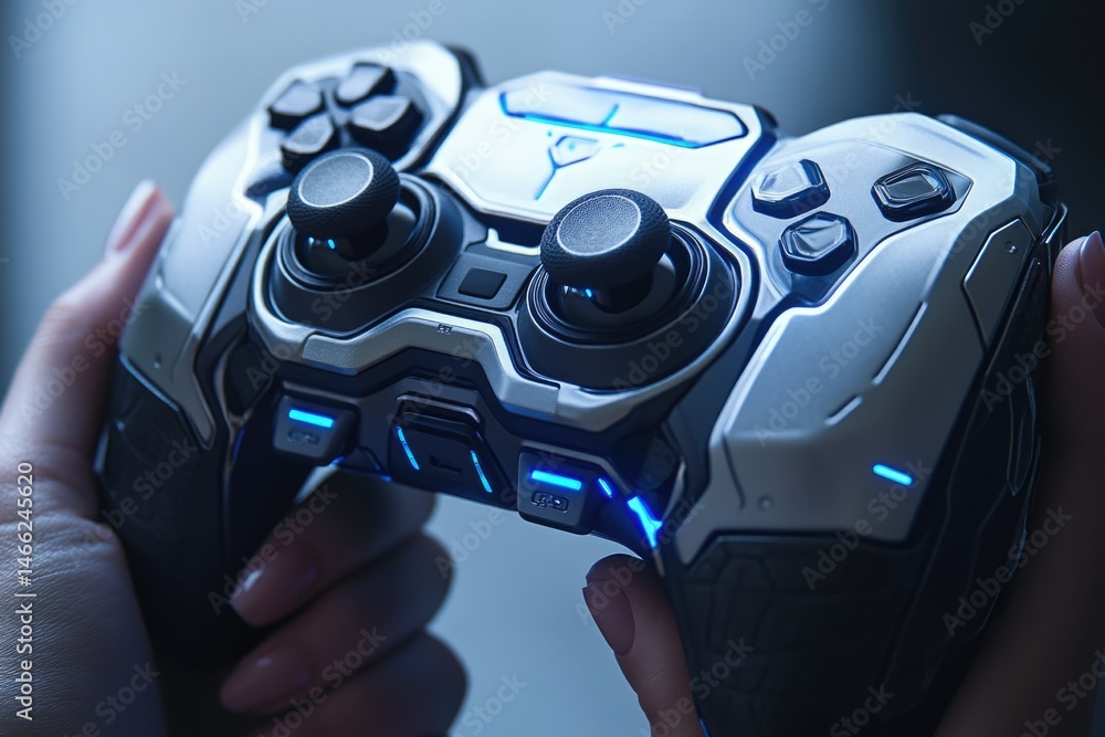 Poster futuristic gaming controller with glowing accents held in hands, showcasing sleek design and advance