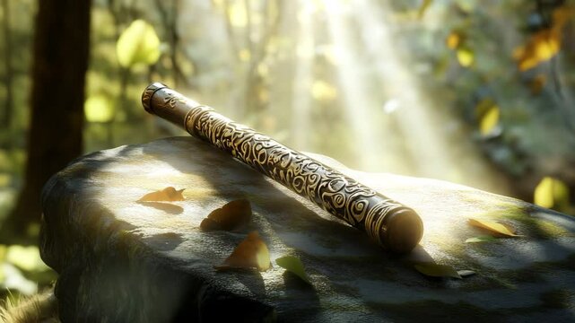 A long, thin object with gold engravings sits on a rock. The object appears to be a musical instrument, possibly a flute or a similar instrument. The scene is set in a lush, green forest
