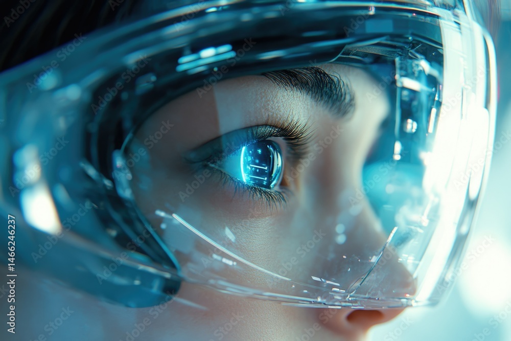 Poster close-up of a person's eye reflected in a futuristic transparent helmet, showcasing advanced technol