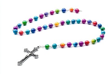 Rainbow Rosary Beads and Cross Watercolor - A vibrant watercolor painting of a colorful rosary, symbolizing faith, prayer, hope, devotion, and spirituality