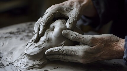 Sculptor’s Hands Covered in Clay: A sculptor's hands fully covered in moist clay, fingers gently massaging a raw piece into a recognizable shape. 
