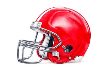 Fototapeta premium Red American Football Helmet - Close-up view of a shiny red American football helmet with a chrome facemask, isolated on a white background