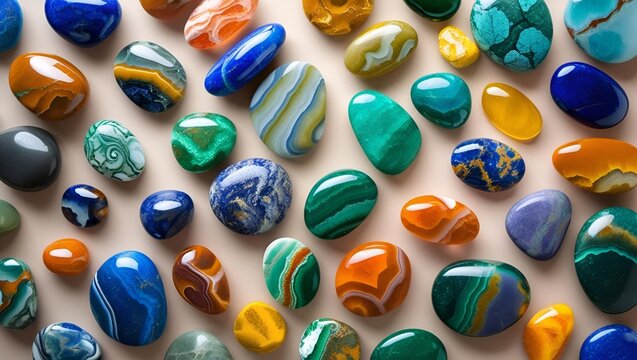 A vivid collection of polished gemstones and minerals in various colors and patterns, laid out on a neutral background.