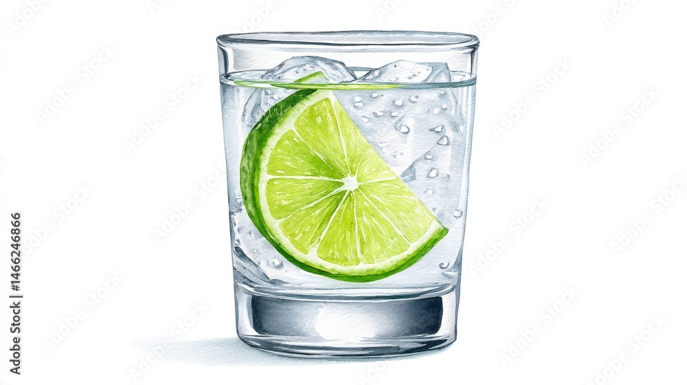 Poster refreshing lime and soda drink - close-up of a glass of sparkling water with lime wedge and ice. per
