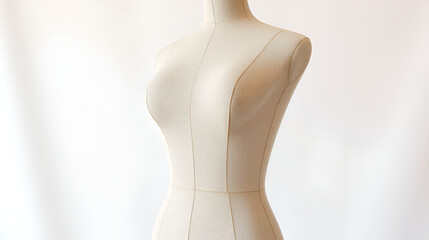 beige fabric female dressmakers mannequin on white background