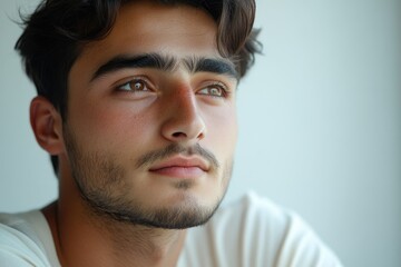 A young man with dark hair and brown eyes, looking thoughtfully into the distance.