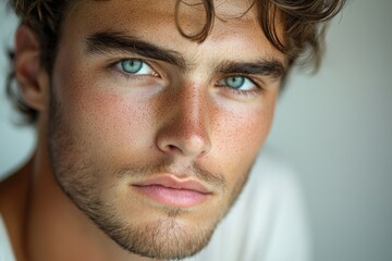 Obraz premium Close-up portrait of a young man with light brown, wavy hair and intense blue eyes.