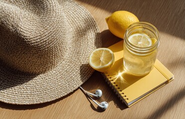 Lemonade, summer hat, notebook and earphones resting on wooden table in sunlight
