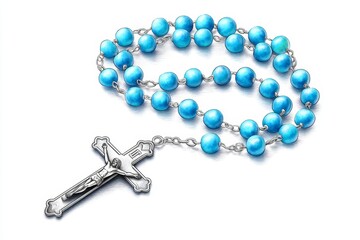 Serene Blue Rosary Watercolor - A tranquil watercolor painting of a light blue rosary, symbolizing faith, devotion, prayer, peace, and hope