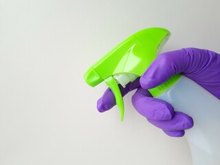 Housekeeping and hygiene concept. Hand in purple rubber glove holding cleaning agent in spray bottle. Close up
