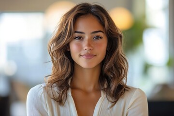 Obraz premium A young woman with long brown wavy hair, wearing a white shirt, smiles gently.
