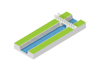 Water channel with small concrete bridge. Simple flat illustration in isometric view.