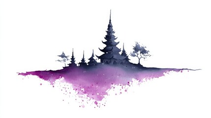Serene Pagoda Landscape - Watercolor painting of pagodas nestled on a small island, surrounded by a purple and pink watercolor wash. Tranquil and peaceful scene