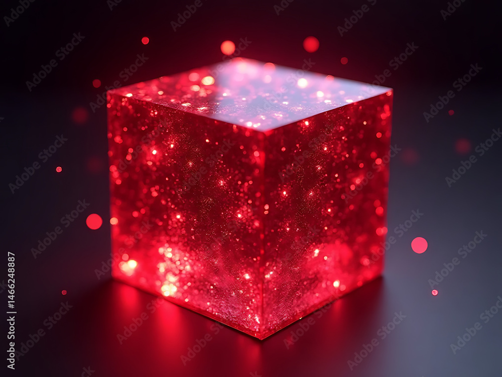 Poster illuminated red glitter cube studio setting 3d render dark background abstract art concept