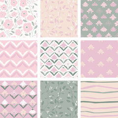 set of 9 seamless repeating bright floral patterns