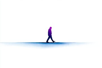 Fototapeta premium Solitary Figure Walking - A single person walks across a minimal landscape, in shades of purple and blue. The evokes feelings of solitude and contemplation