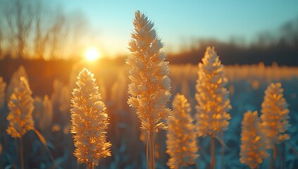 Naklejka premium Sunset Meadow Grass with Golden Hour.