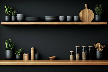 Dark wooden shelves minimalist product display
