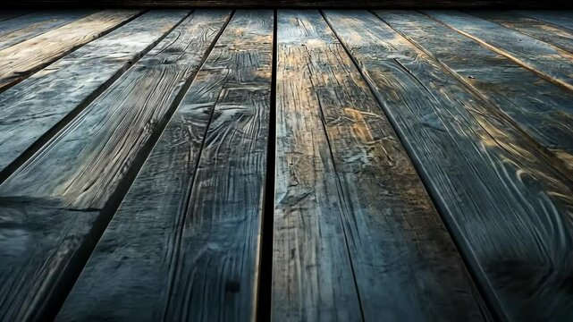 Textured wooden planks stretch into distance, blue-gray, with light highlights