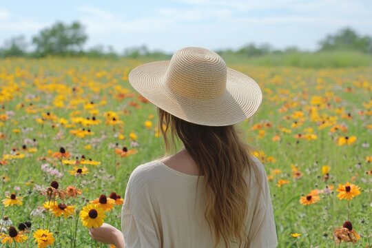 Woman in a straw hat standing in a field of wildflowers, enjoying nature's beauty. - Powered by Adobe
