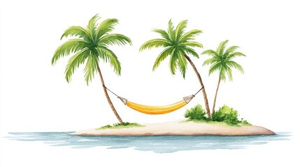 Fototapeta premium Tropical Island Getaway - Serene watercolor painting of a tranquil island with palm trees and a hammock, perfect for relaxation and vacation themes