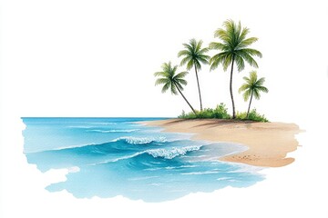 Tropical Island Paradise - Serene beach scene with palm trees gently swaying on a small island, turquoise water with soft waves lapping the shore