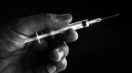 Hand Holding a Medical Syringe: A hand holding a medical syringe, ready for an injection. 
