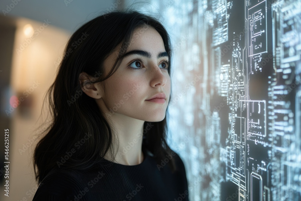 Poster a young woman gazes intently at a complex digital display, contemplating the intricate code before h