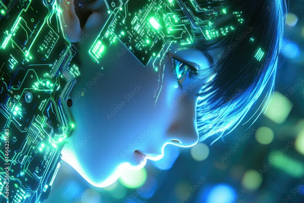 Poster a futuristic depiction of a cyborg's profile, glowing circuits integrated into their face, suggestin