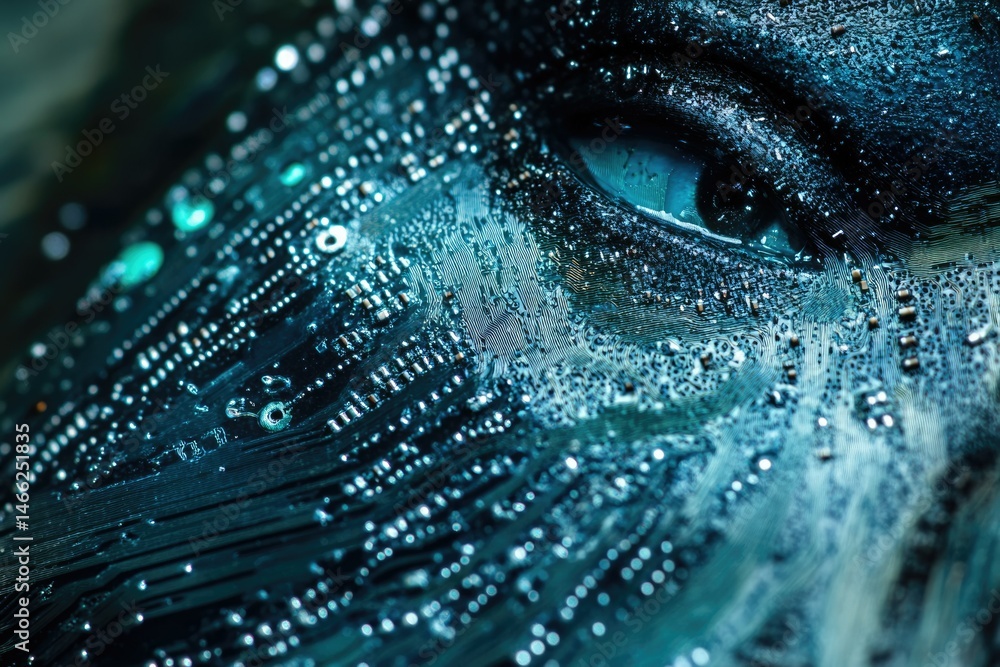 Poster a close-up of a wet eye, appearing as a circuit board, symbolizes ai and technology's merging with h