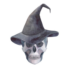 Human Scull in hat gothic magical texture isolated on white background. Watercolor hand drawn esoterics sketch skull illustration. Art for design mystical halloween witch decoration, scary card