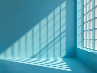 Fototapeta premium Abstract Blue 3D Background of Empty Room with Corner Wall and Window Light Stage Scene for Product Display