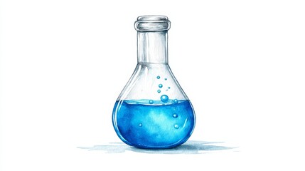 Watercolor : Chemistry Flask Study - A vibrant watercolor painting of a chemistry flask filled with bubbling blue liquid. Symbolizing science, experimentation, discovery, knowledge, and innovation