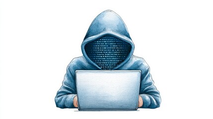 Watercolor : Anonymous Hacker at Work - A artist's watercolor painting of a hooded figure using a laptop, symbolizing cybersecurity, anonymity, hacking, privacy, and data protection