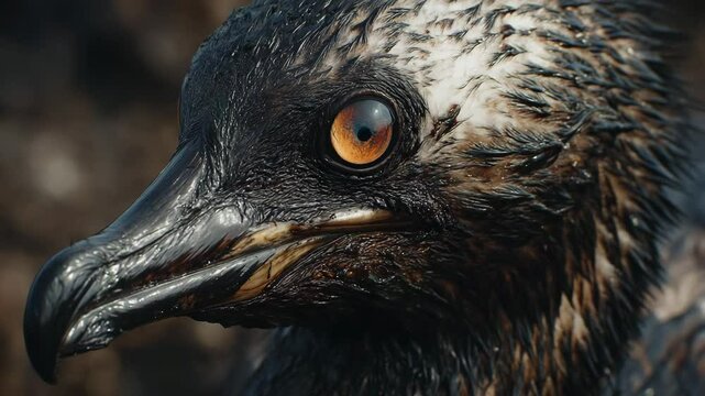 Close up of bird eye, beak, and wet feathers showing pollution impact on wildlife and nature, urging us to stop environmental damage now