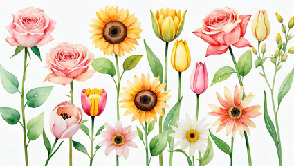 Fototapeta premium Watercolor floral collection roses sunflowers tulips daisies on white background