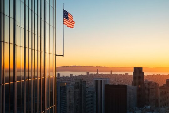 US flag waving atop tall building in San Francisco, modern skyscrapers and cityscape in background, golden hour