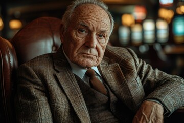 An elderly man with deep-set wrinkles sits pensively in a leather chair, exuding wisdom and experience.