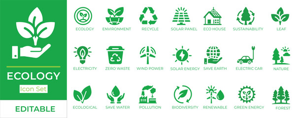 Flat ecology icon set. With symbols of environment, recycle, solar panel, eco house, renewable energy, biodiversity, pollution, electric car, forest, and sustainability.