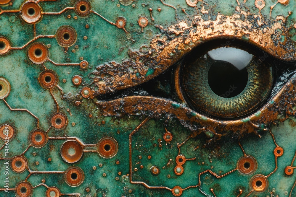 Poster a metallic eye embedded in a circuit board, showcasing intricate details and a steampunk aesthetic.