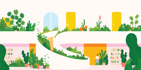 A vibrant and inviting indoor garden landscape that blend architectural forms and natural elements into a harmonious composition. It evokes a feeling of tranquility. 