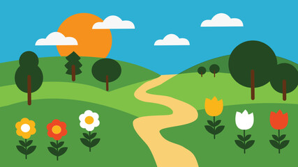 Flat design vector illustration of a road winding through hills with flowers and trees around, under a sunny sky with clouds
