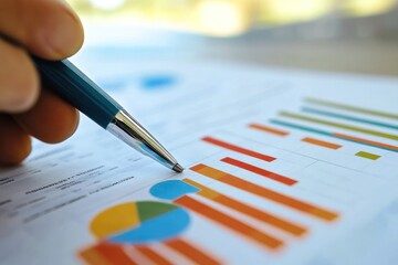 Two professionals in lively office discussing monthly report with charts and graphs