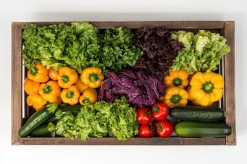 Wooden crate filled with fresh vegetables and assorted garden greens