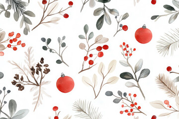 Hand painted watercolor design featuring festive foliage, red berries, and ornaments