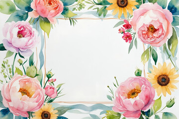 Watercolor floral frame with pink peonies sunflowers and green leaves decoration