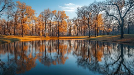 Obraz premium Autumnal tranquility, a reflective pond mirrors the golden foliage of the trees