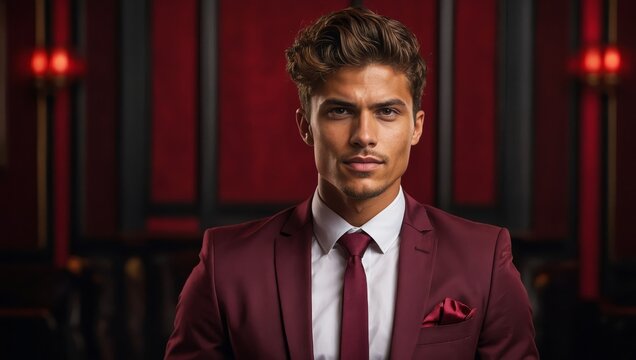 A charismatically exuding young businessman, radiating confidence and success, is captured in a vivid portrait against a rich maroon background 