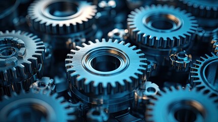 A close up view of several metal gears interlocked and arranged in a complex mechanical system